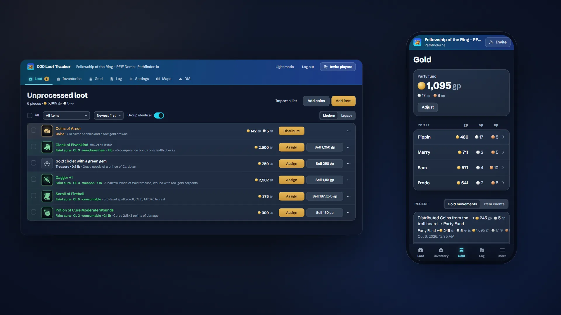 D20 Loot Tracker on desktop and phone: the party's loot list, and the Gold tab updating live on the phone